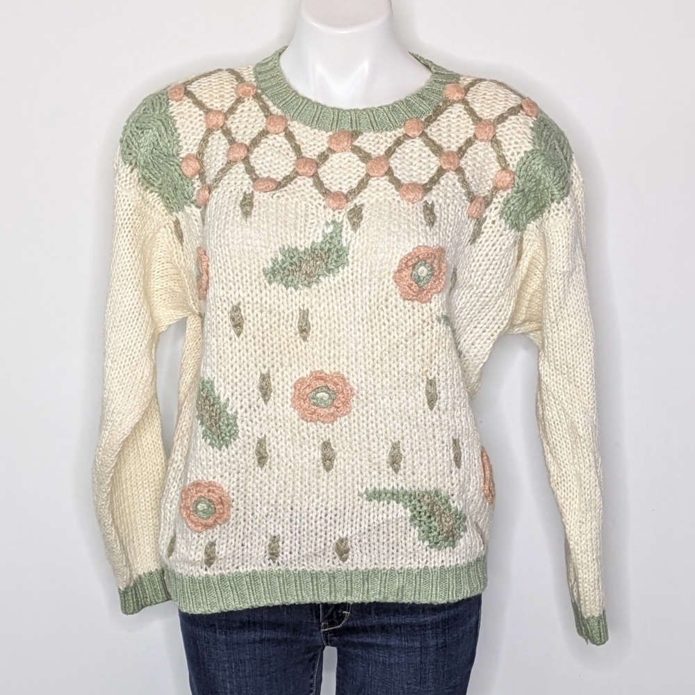 Vintage Le Soleil Off White Green Pink Floral Sweater M